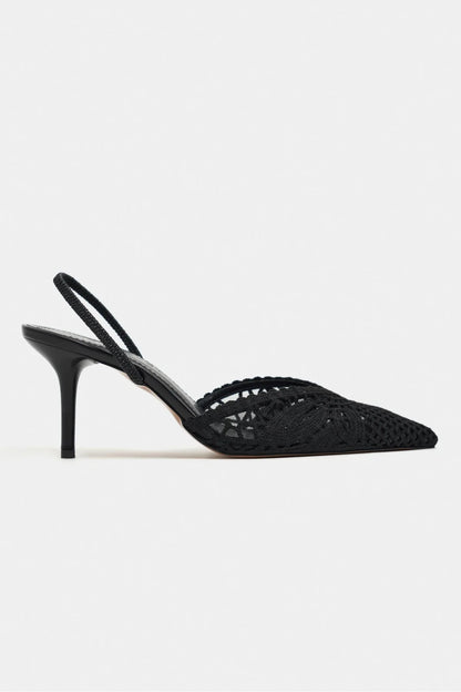 Sommerliche Kitten Heels in Netz-Optik mit Stickerei-Schwarze Slingbacks