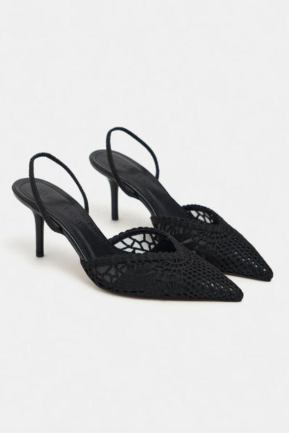 Sommerliche Kitten Heels in Netz-Optik mit Stickerei-Schwarze Slingbacks