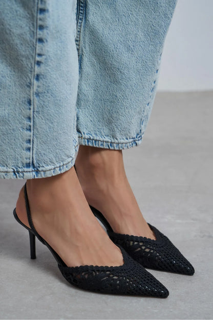 Sommerliche Kitten Heels in Netz-Optik mit Stickerei-Schwarze Slingbacks