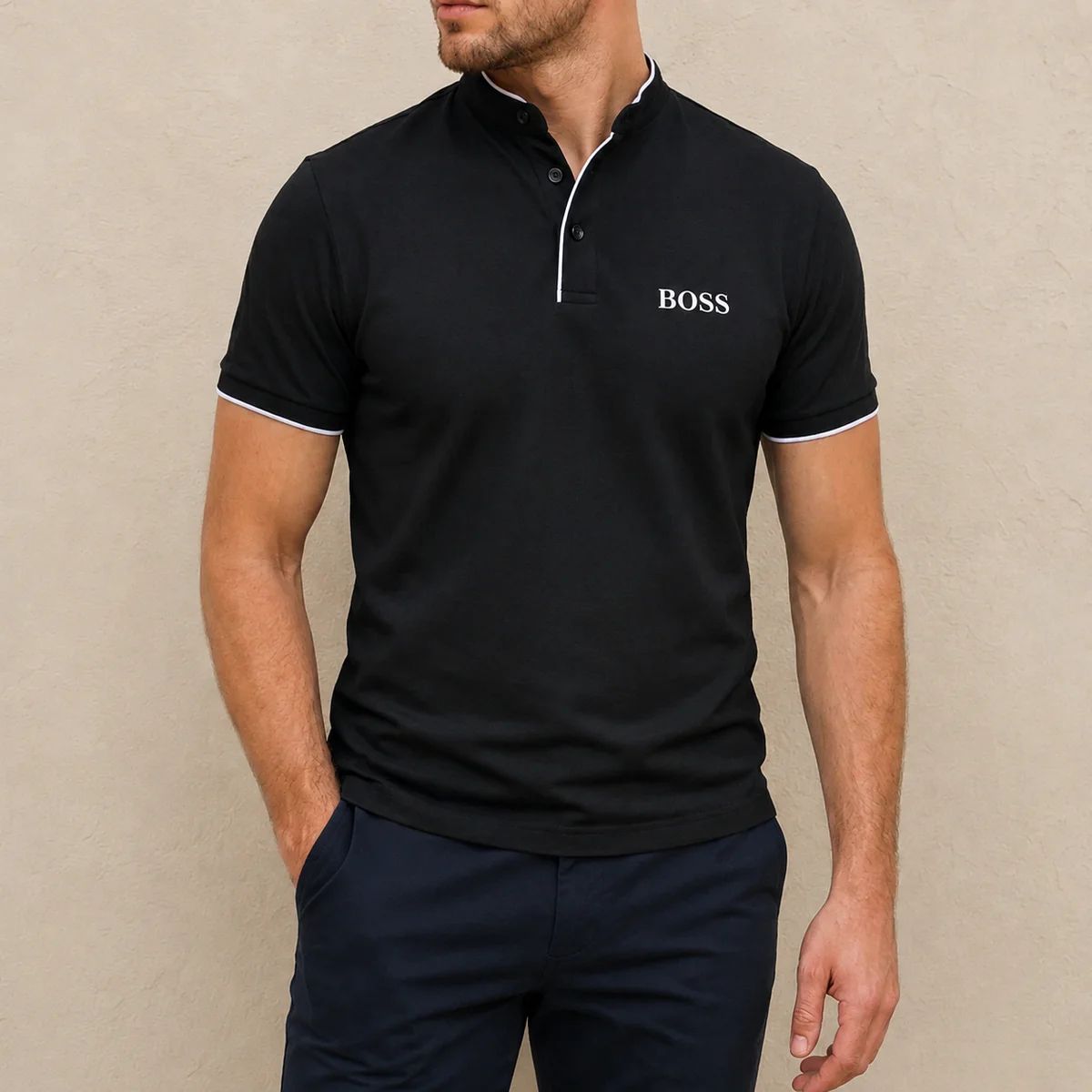 Herren Stehkragen Polo Shirt Premium Fit-Elegantes Kurzarmshirt mit Kontrastdetails