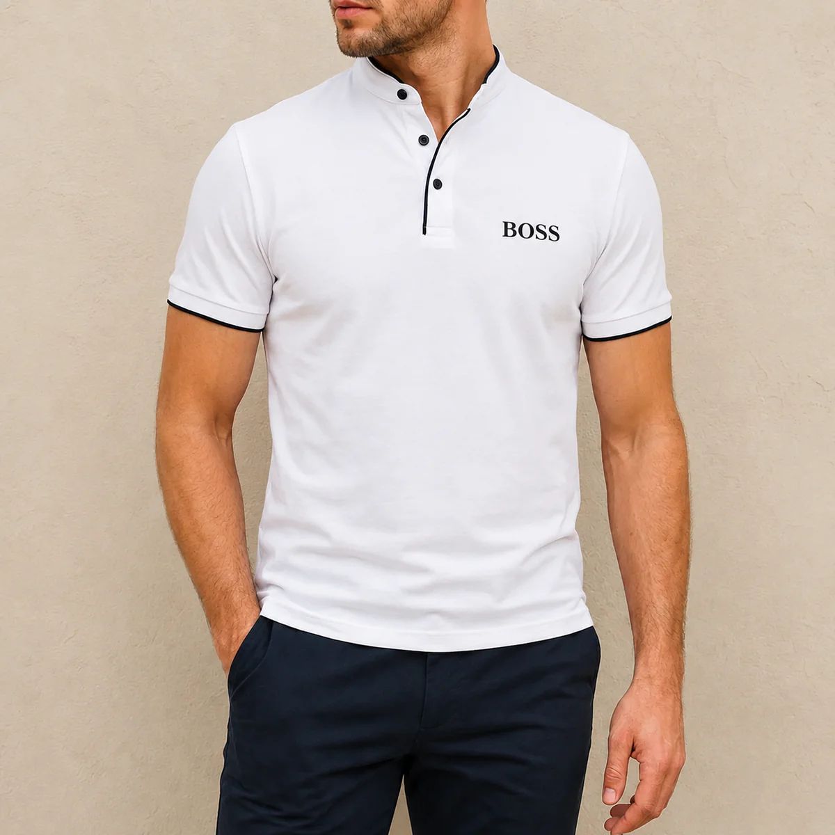 Herren Stehkragen Polo Shirt Premium Fit-Elegantes Kurzarmshirt mit Kontrastdetails