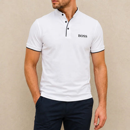 Herren Stehkragen Polo Shirt Premium Fit-Elegantes Kurzarmshirt mit Kontrastdetails