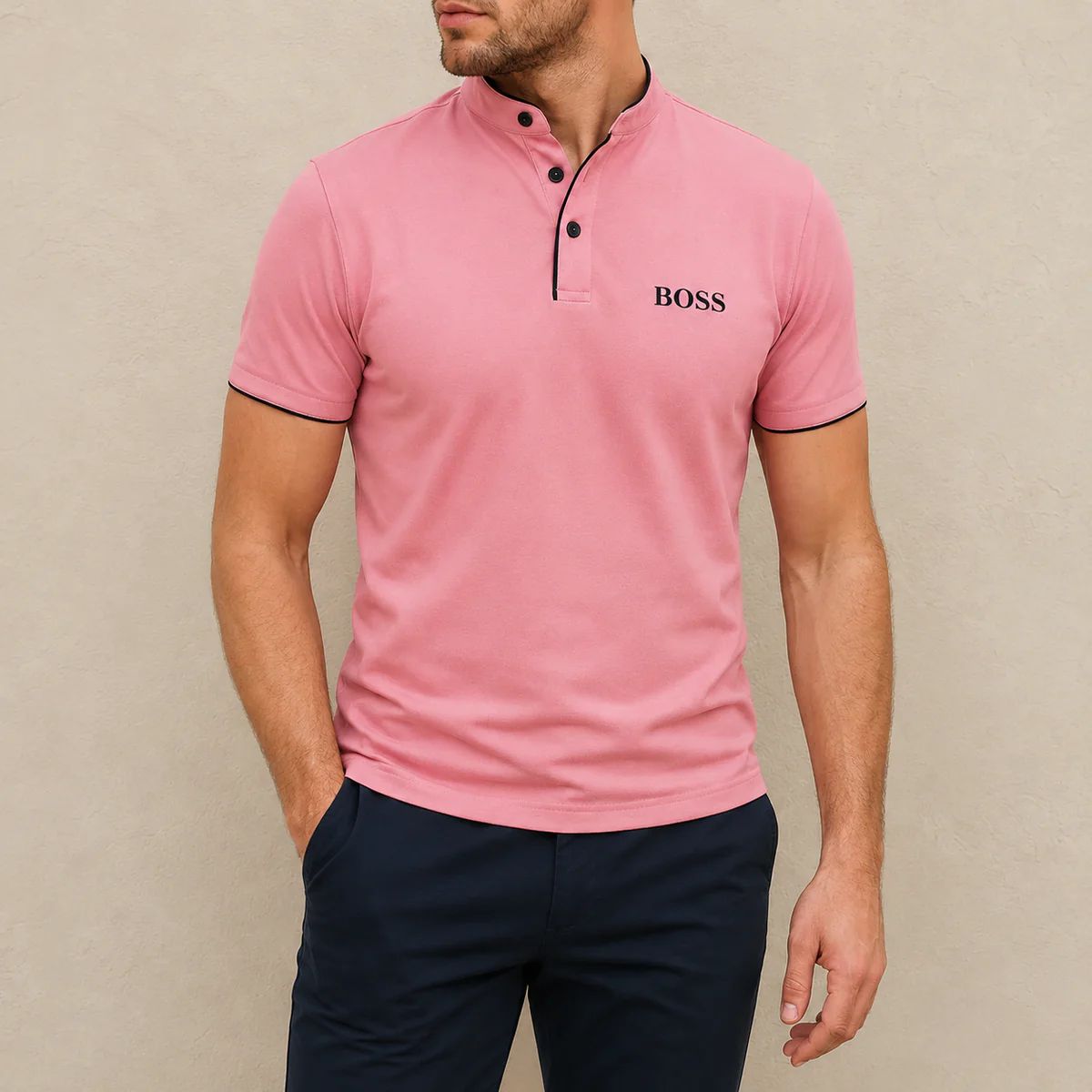 Herren Stehkragen Polo Shirt Premium Fit-Elegantes Kurzarmshirt mit Kontrastdetails