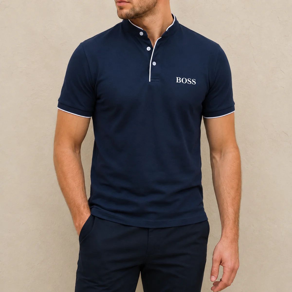 Herren Stehkragen Polo Shirt Premium Fit-Elegantes Kurzarmshirt mit Kontrastdetails