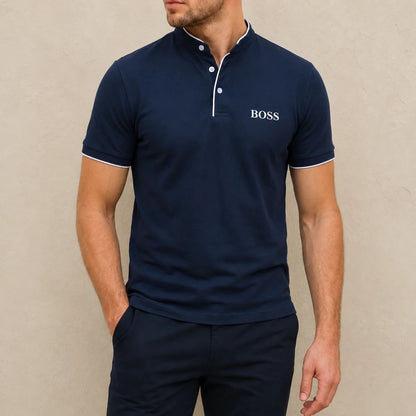 Herren Stehkragen Polo Shirt Premium Fit-Elegantes Kurzarmshirt mit Kontrastdetails