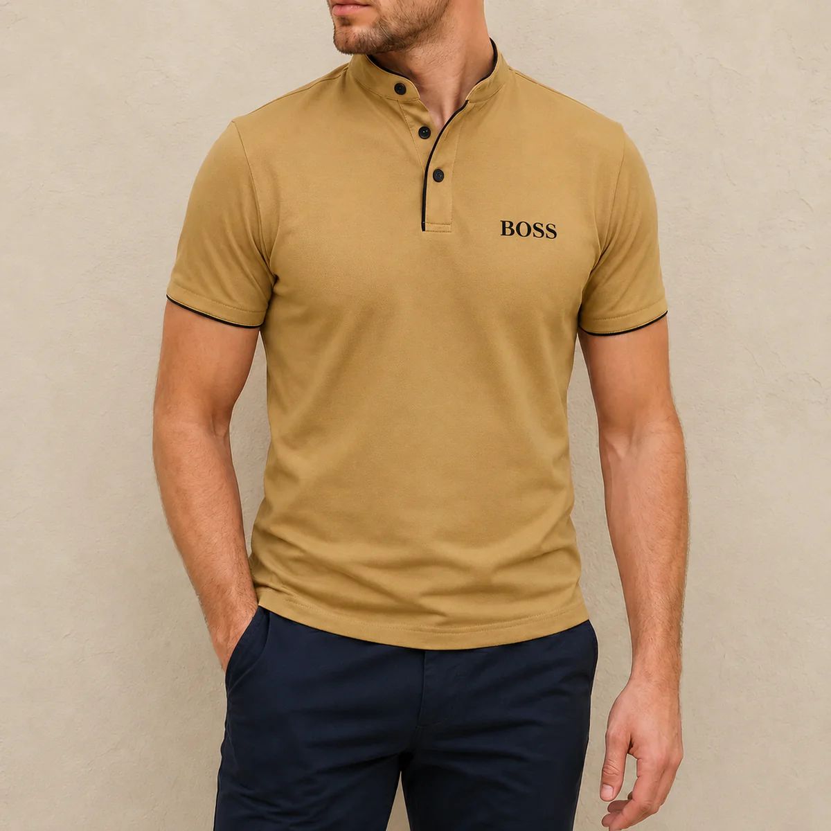 Herren Stehkragen Polo Shirt Premium Fit-Elegantes Kurzarmshirt mit Kontrastdetails