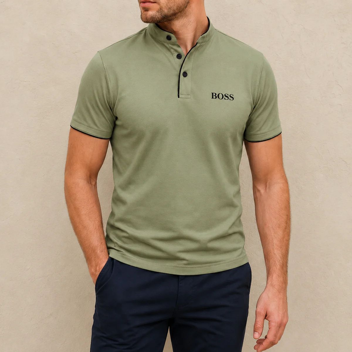 Herren Stehkragen Polo Shirt Premium Fit-Elegantes Kurzarmshirt mit Kontrastdetails